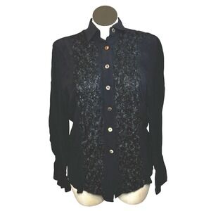 Amorose Black Rose Ruffle Button Down Blouse‎ Long Sleeve Top Small S